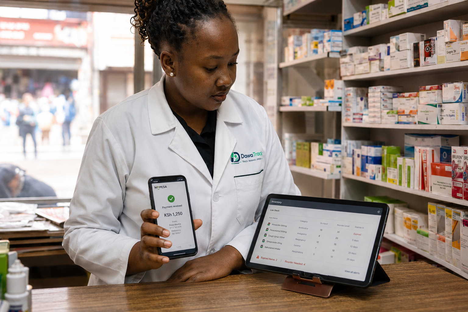 Health worker reviewing the DawaTrack analytics dashboard on a tablet