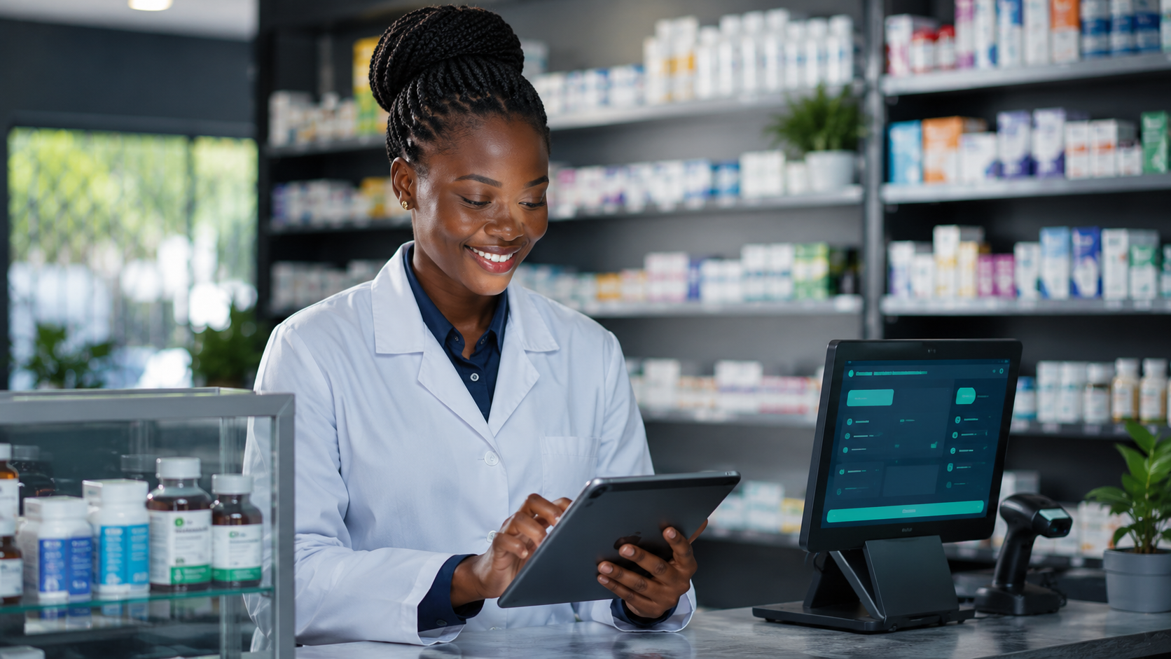 Pharmacist serving a customer with DawaTrack at the counter