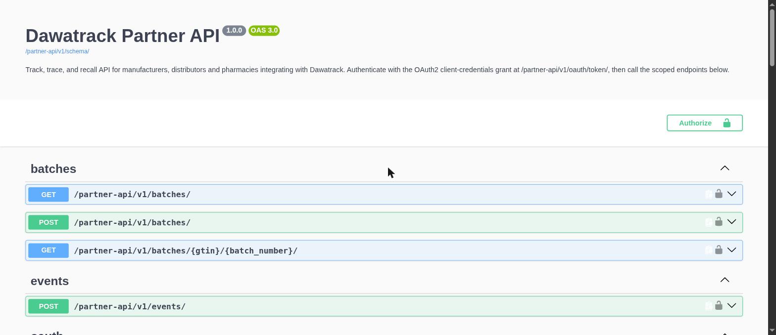 DawaTrack Partner API interactive Swagger documentation - browsable endpoints grouped by resource, with request/response schemas